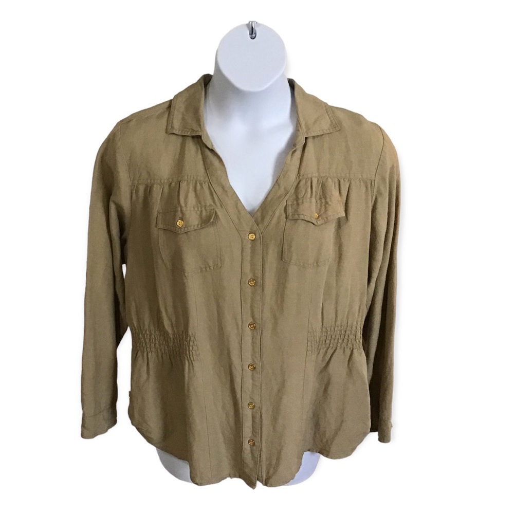 Ashley Stewart Tan Women’s Button Up Adjustable Long Sleeve Shirt Blouse Sz 14